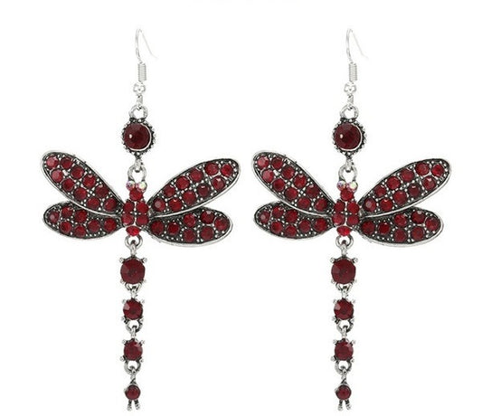 Burgundy Dragonfly Silver Hook Earrings