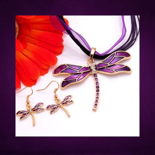 Clear Austrian Crystal Purple Enamel Dragonfly Jewelry Set