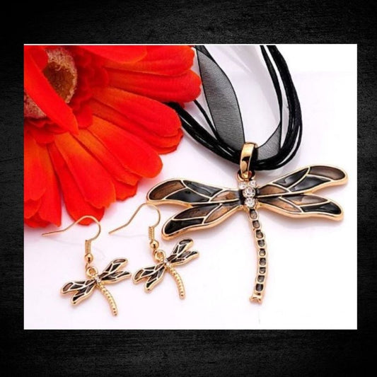 Clear Austrian Crystal Black Enamel Dragonfly Jewelry Set