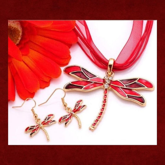 Clear Austrian Crystal Burgundy Enamel Dragonfly Jewelry Set