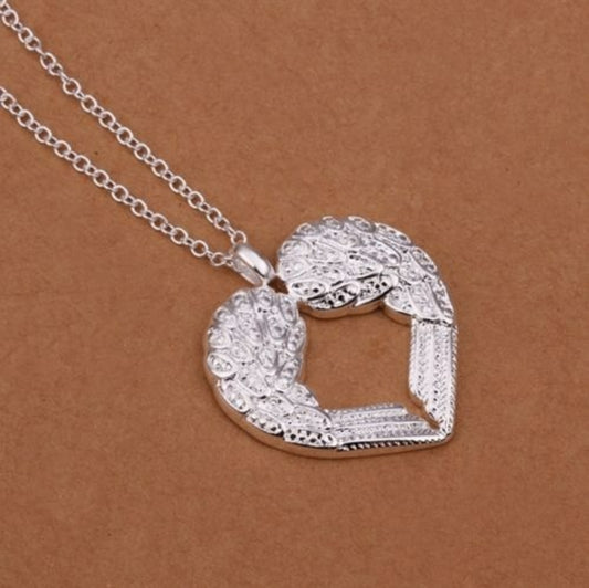 Silver Angel Wing Heart Chain Necklace