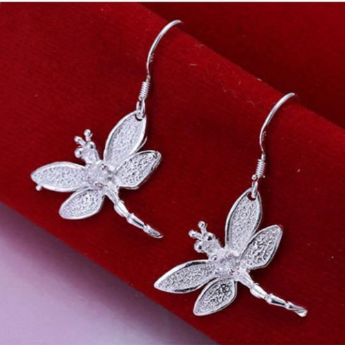 Silver 3D Dragonfly Drop Dangle Earrings