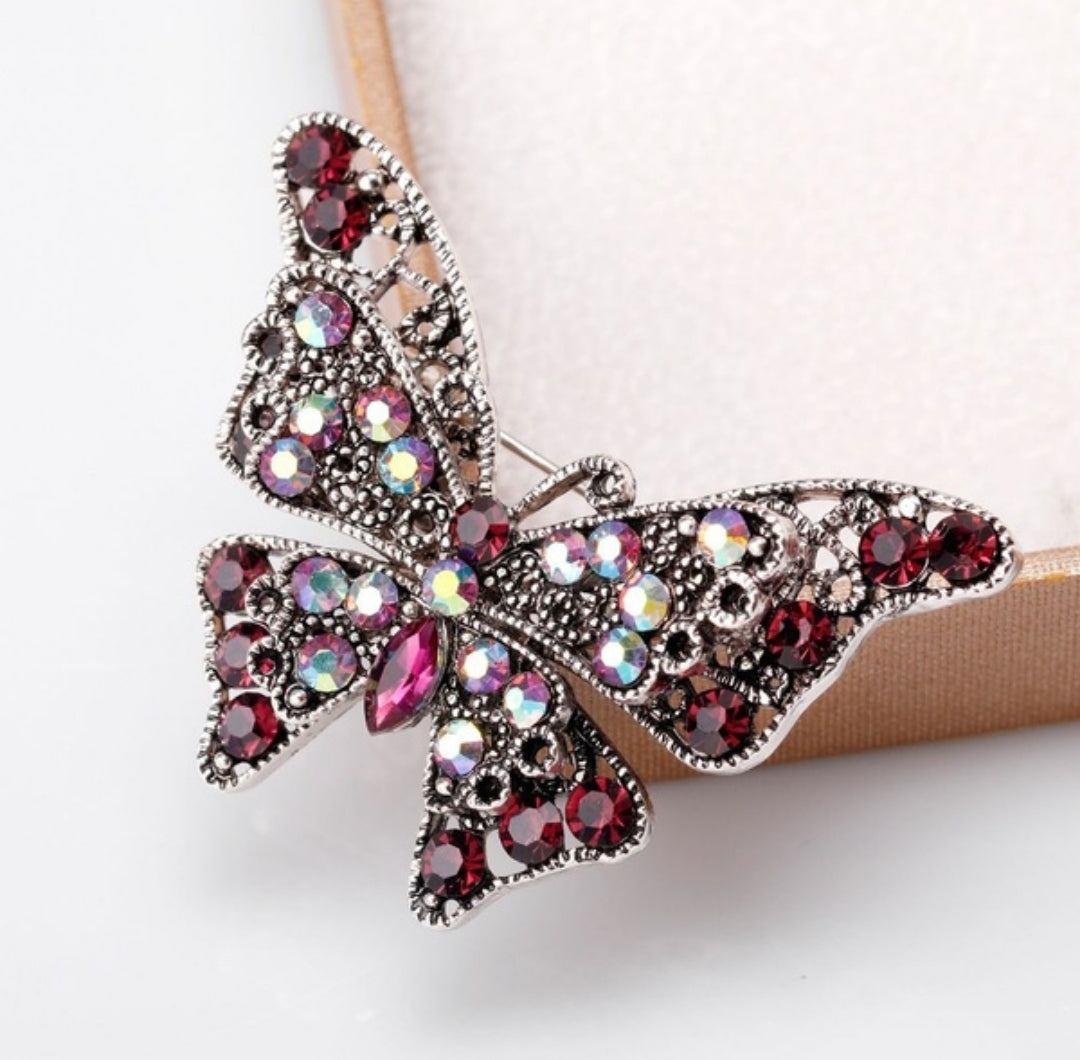 Burgundy Rhinestone Butterfly Brooch