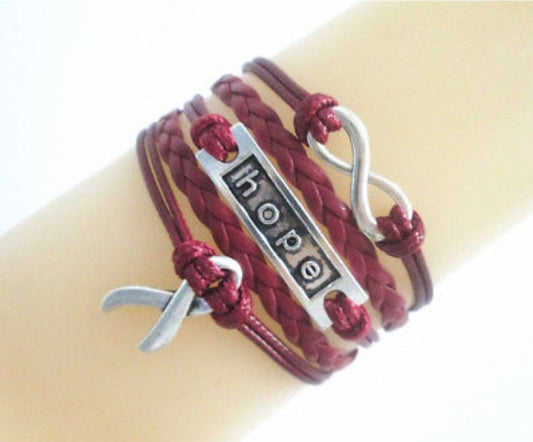 Burgundy Hope, Infinity, Awareness Ribbon Leather Braided Bracelet
