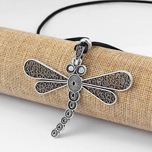 Large Abstract Metal Dragonfly Pendant Necklace