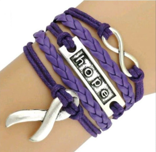 Purple Hope, Infinity, Awareness Ribbon Leather Braided Bracelet